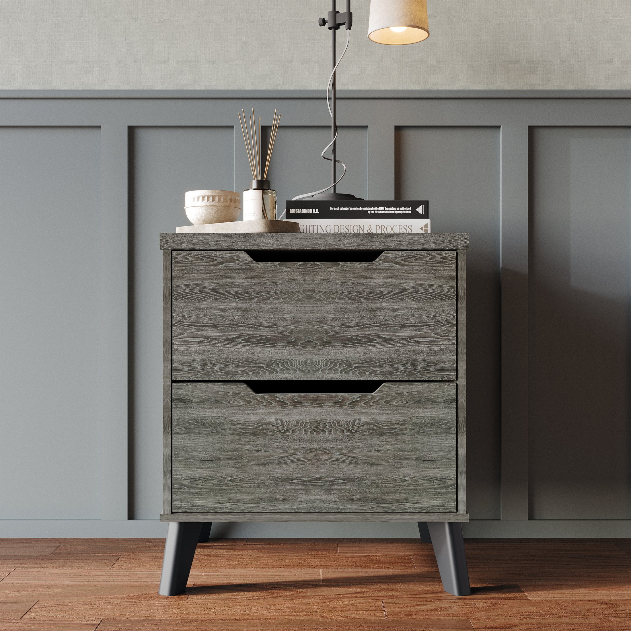 Castle Place Modern 2-Drawers Wooden Nightstand, Dark Grey