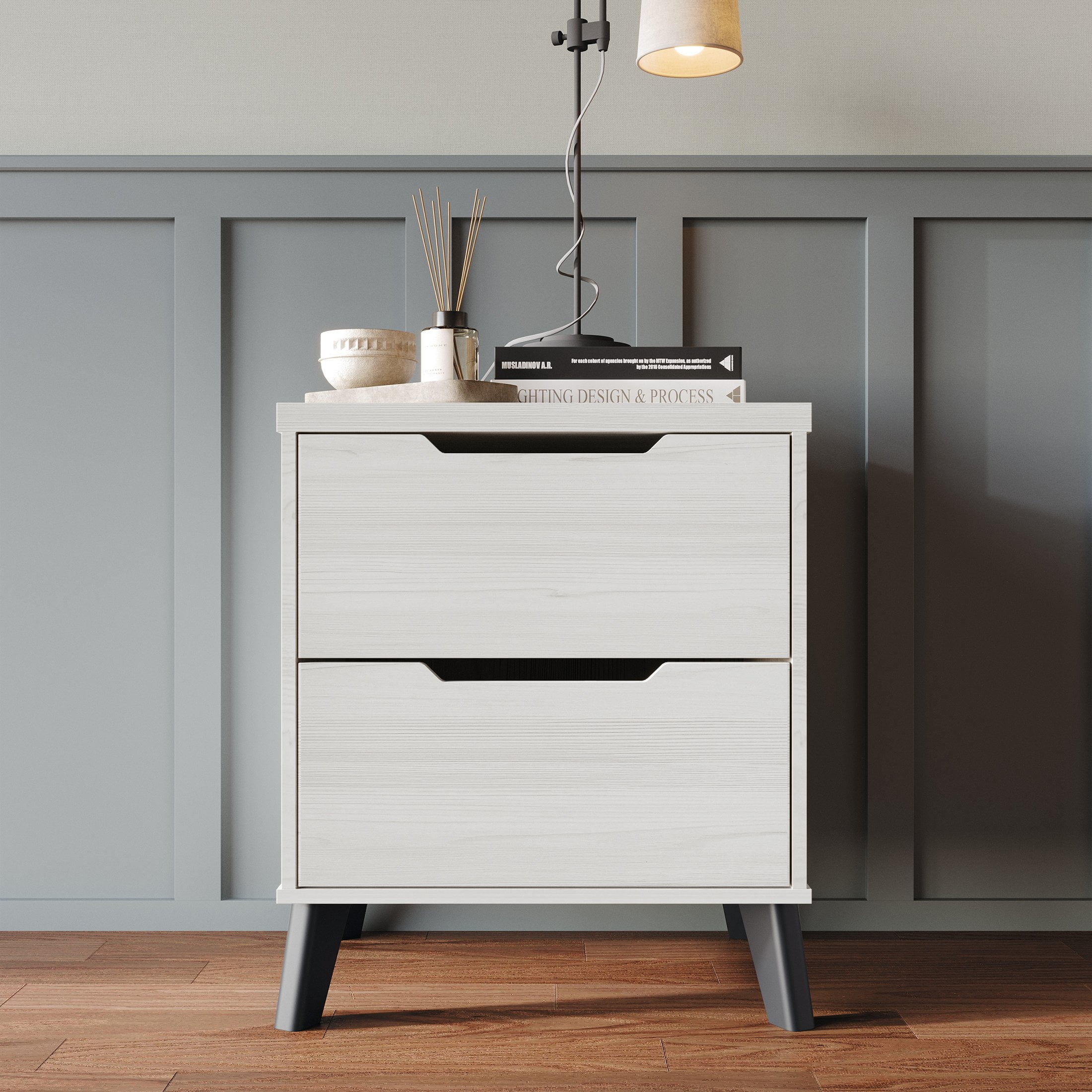 Castle Place Modern 2-Drawers Wooden Nightstand, Light Grey