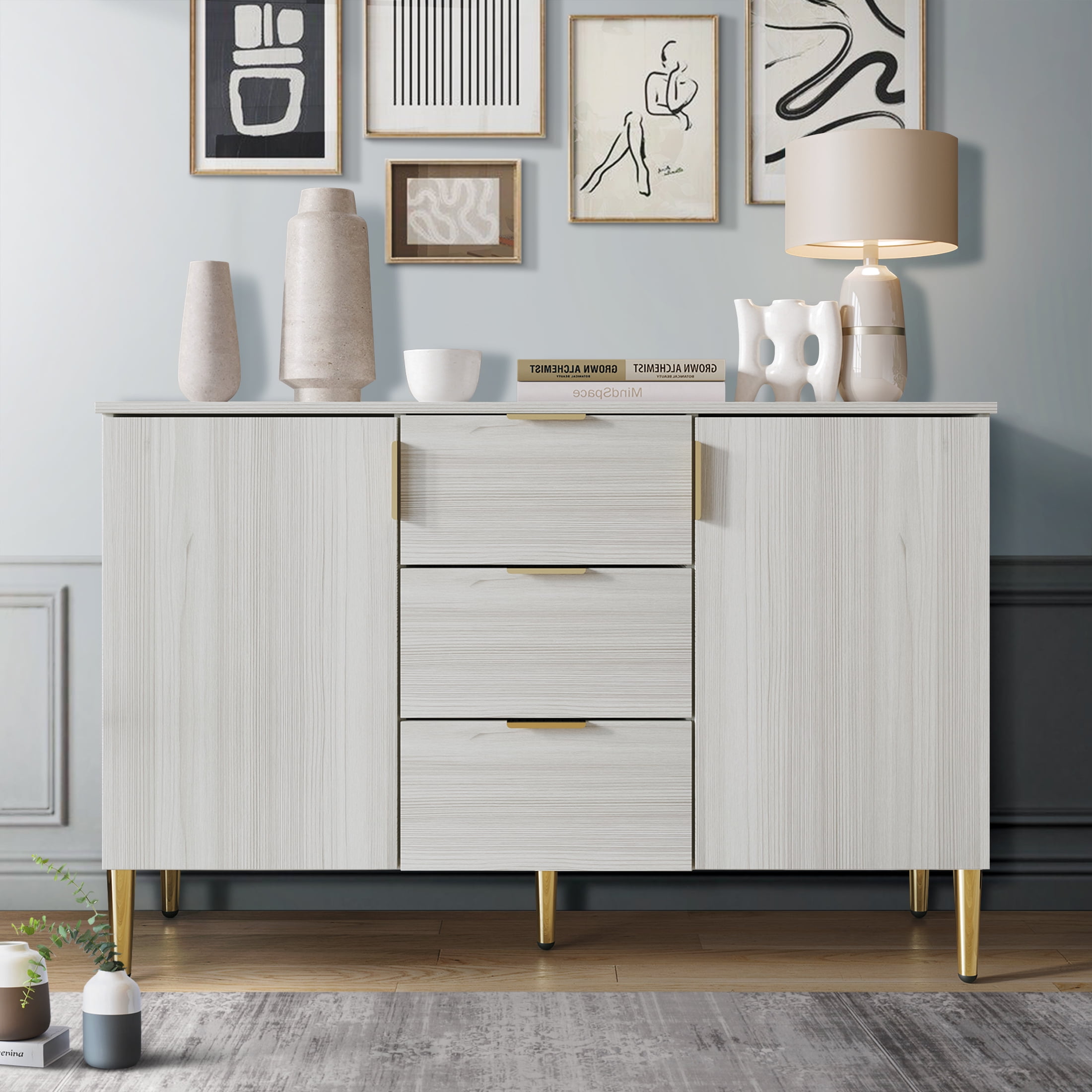 Castle Place Modern 45"L x 30"H Sideboard Accent Cabinet, Light Grey