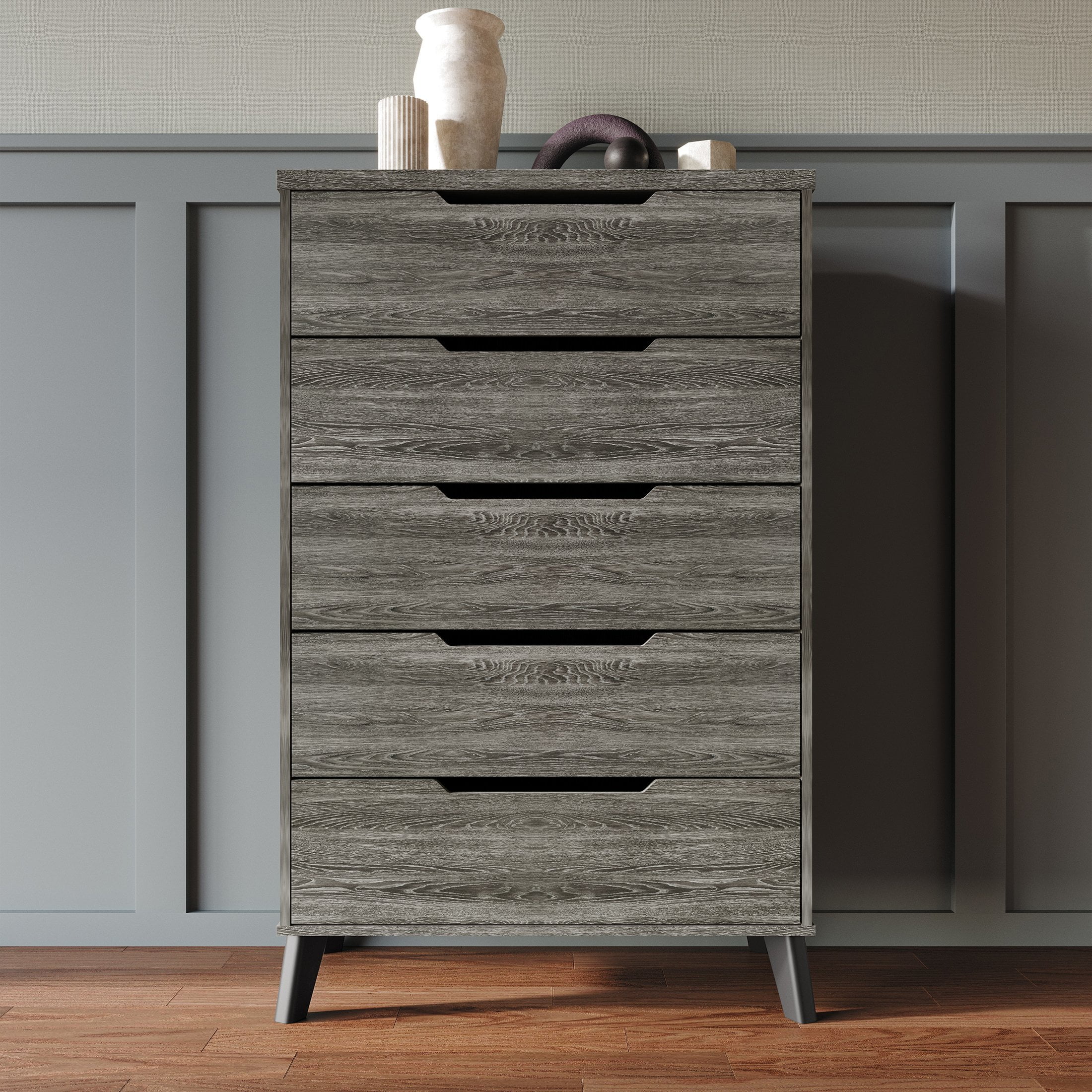 Castle Place Modern 5-Drawers Wooden Dresser, Dark Grey