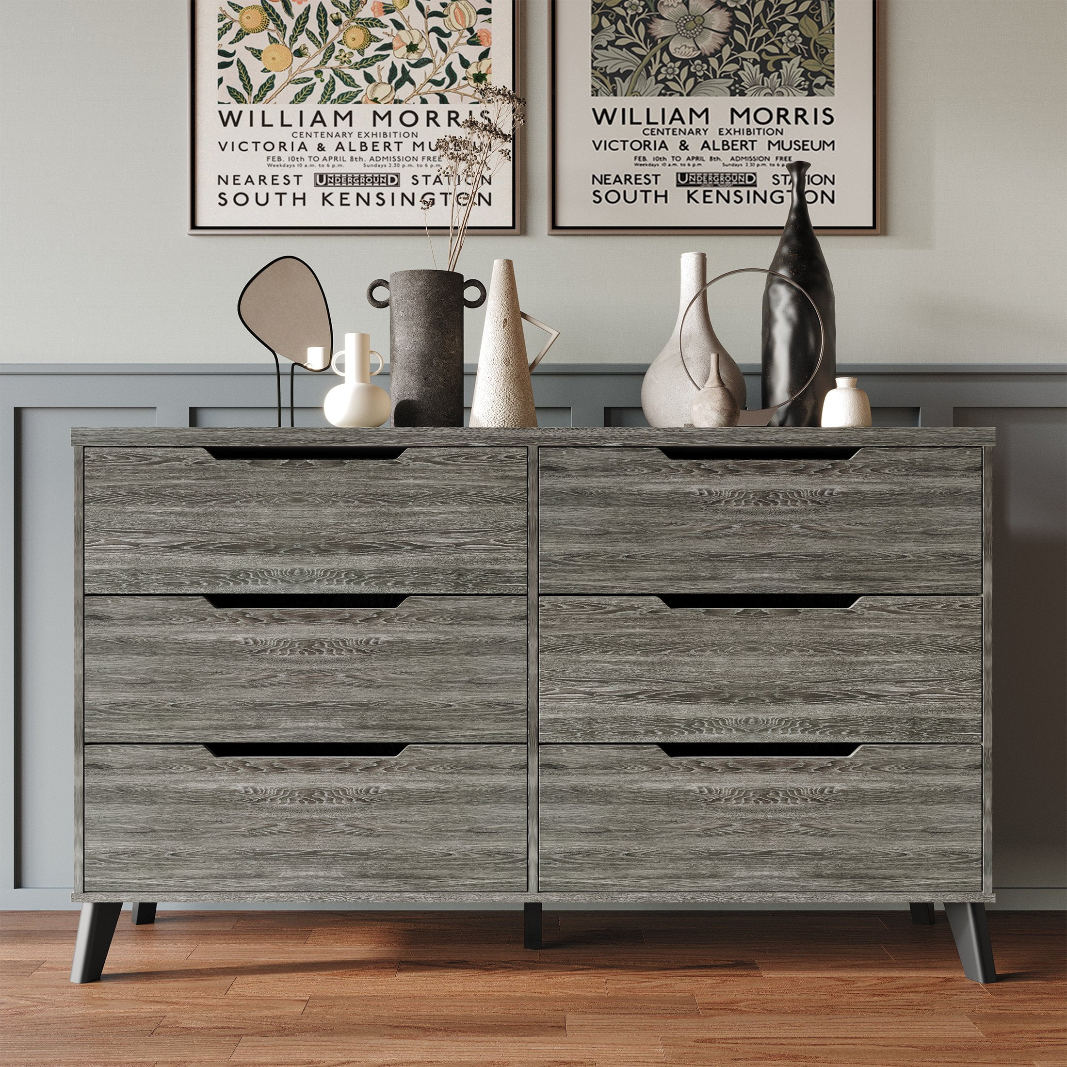 Castle Place Modern 6-Drawers Wooden Dresser, Dark Grey