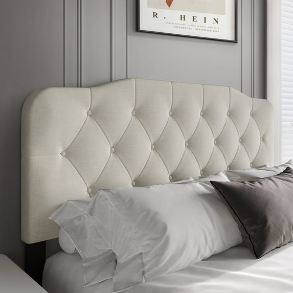 Castle Place Modern Button-Tufted Linen Full Upholstered Headboard, Warm Grey