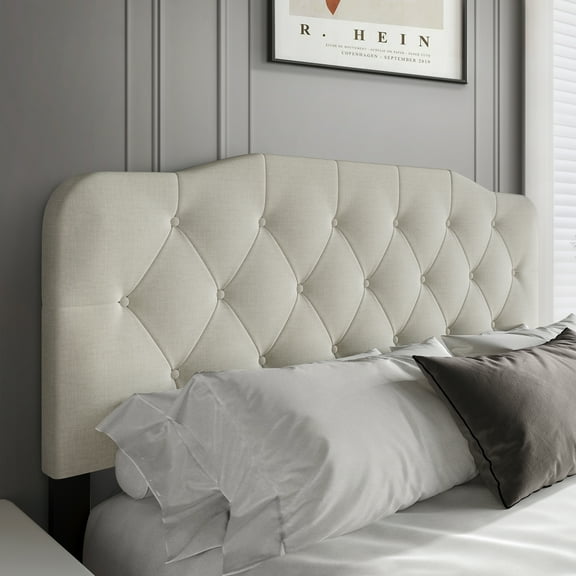 Castle Place Modern Button-Tufted Linen Full Upholstered Headboard, Warm Grey