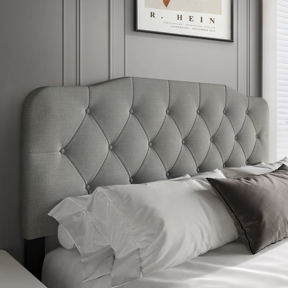 Castle Place Modern Button-Tufted Linen King Upholstered Headboard, Light Grey