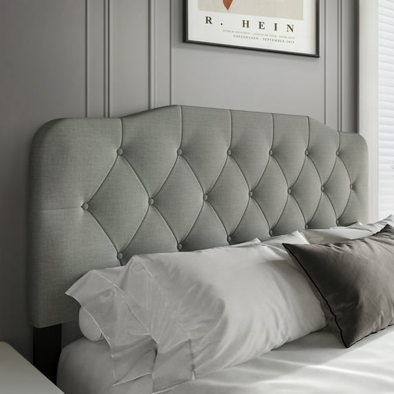 Castle Place Modern Button-Tufted Linen Queen Upholstered Headboard, Light Grey