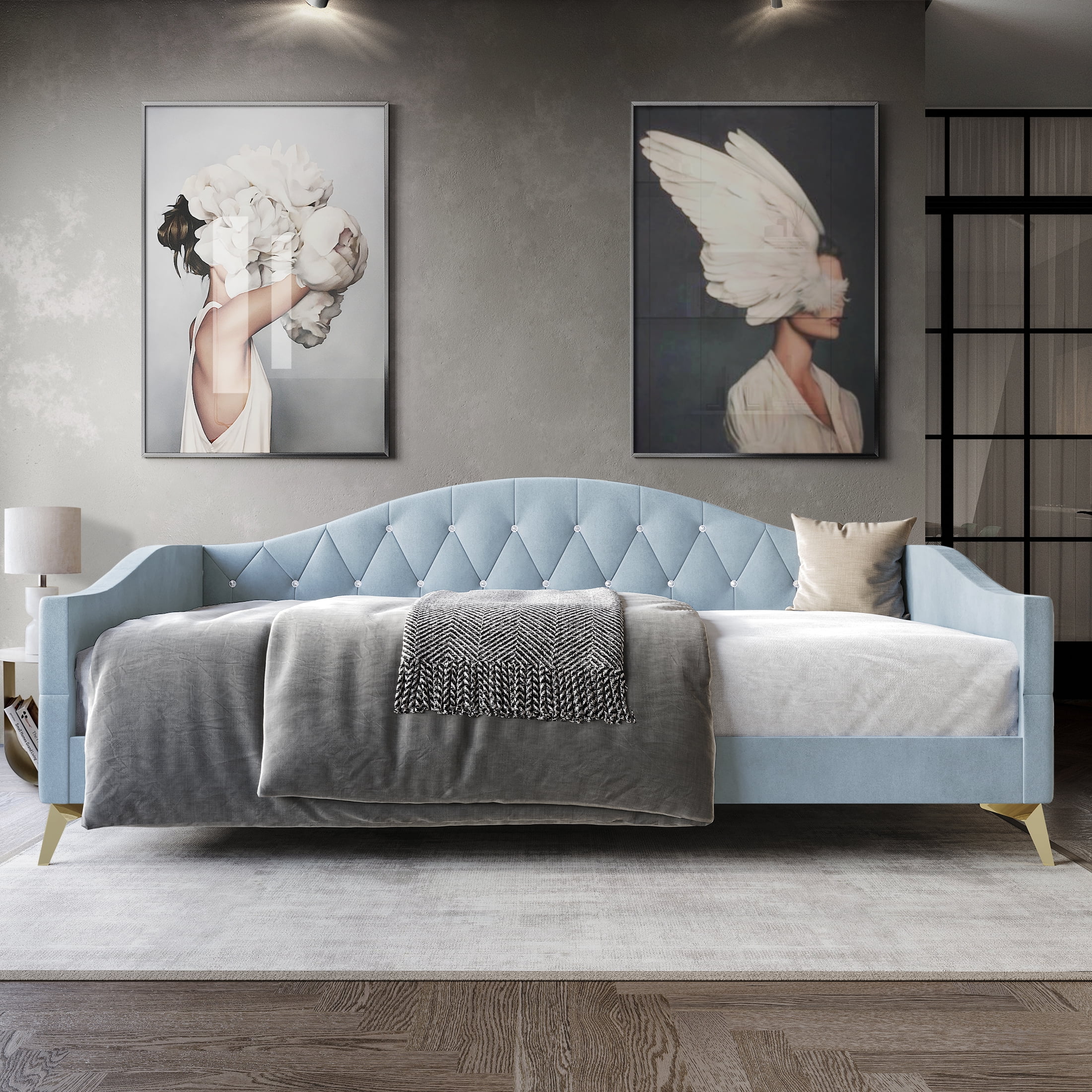 Castle Place Modern Camelback Silhouette Upholstered Tufted Twin Daybed, Light Blue