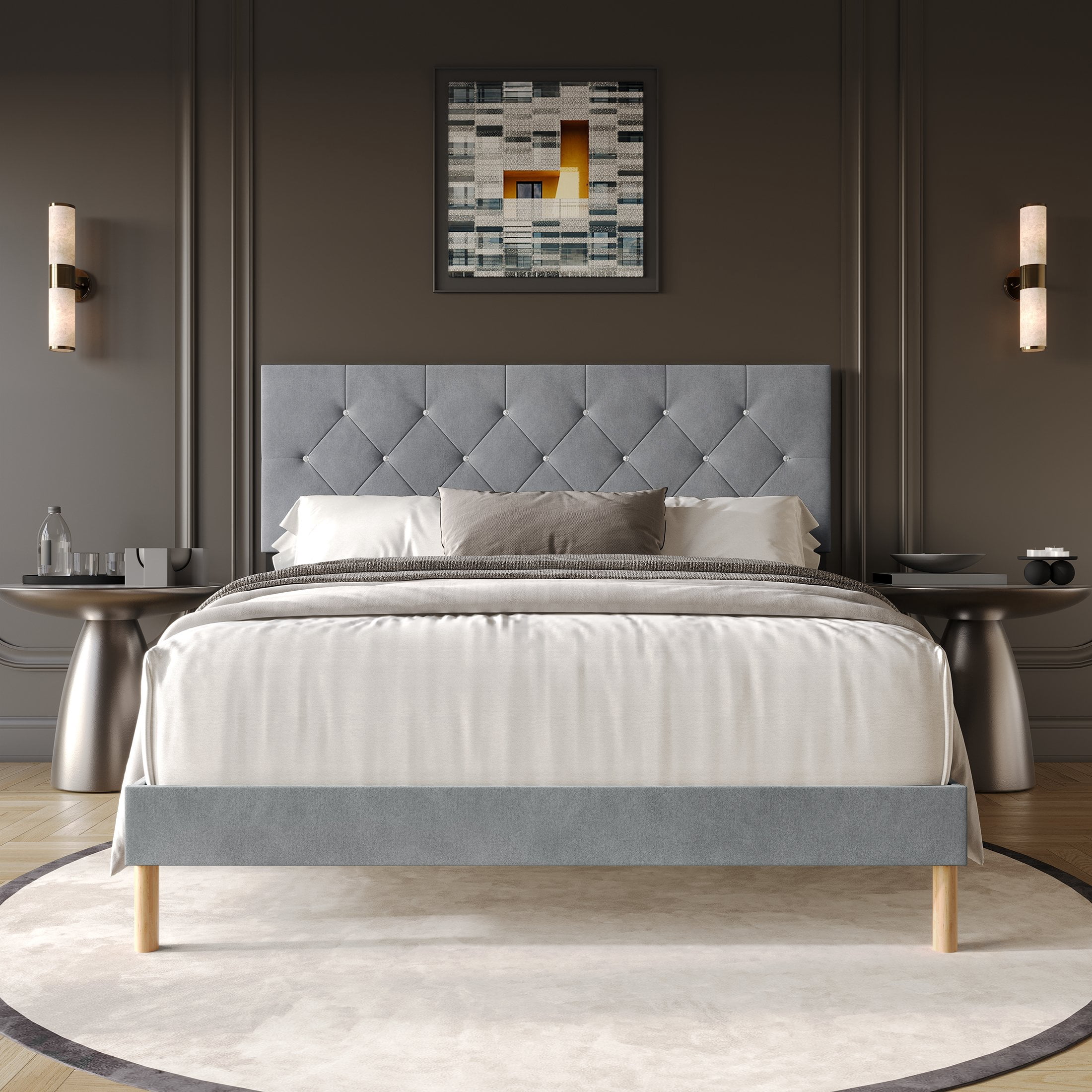Castle Place Modern Diamond Tufted Velvet Upholstered King Bed, Light Grey