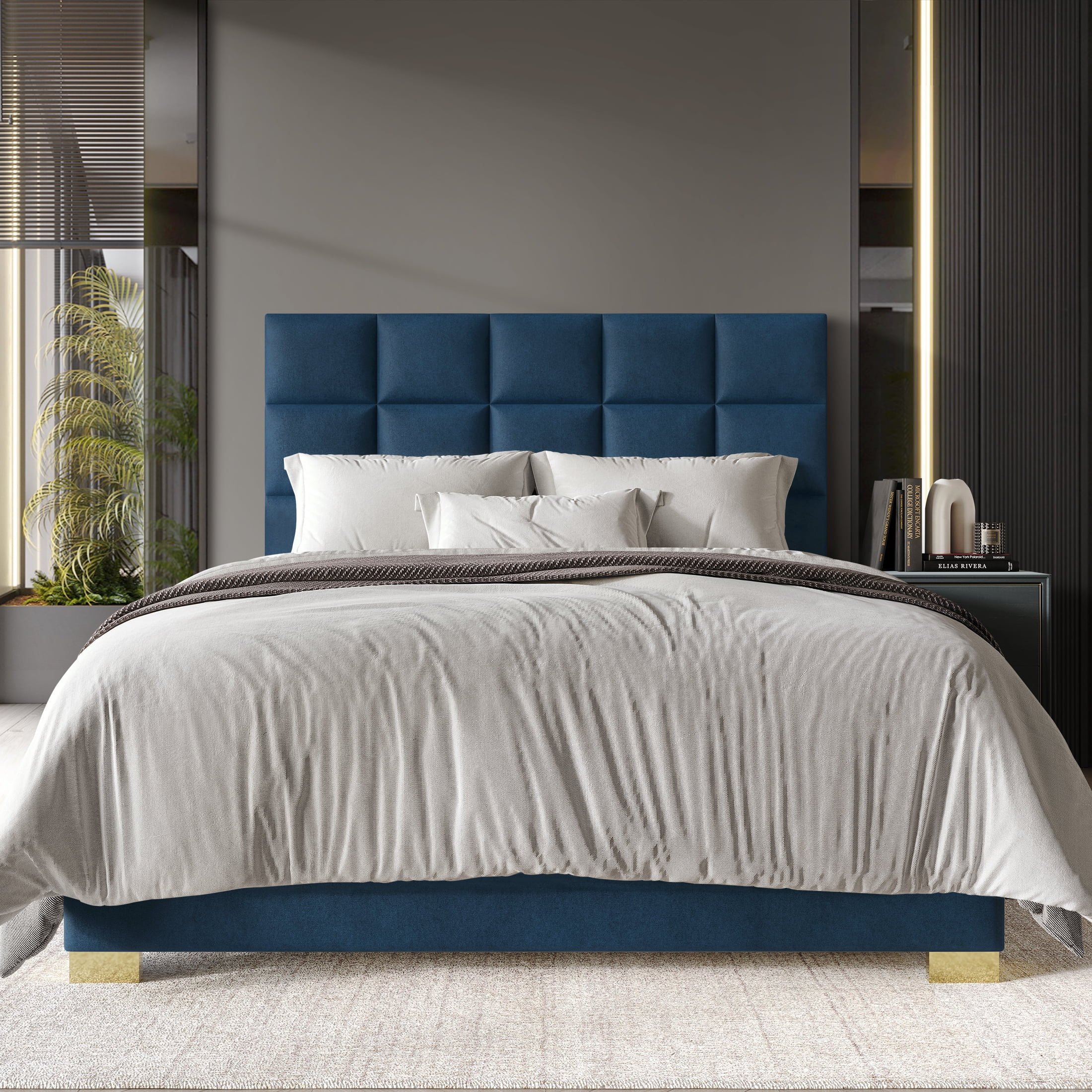 Castle Place Modern Elegance Velvet Upholstered Queen Bed, Navy Blue