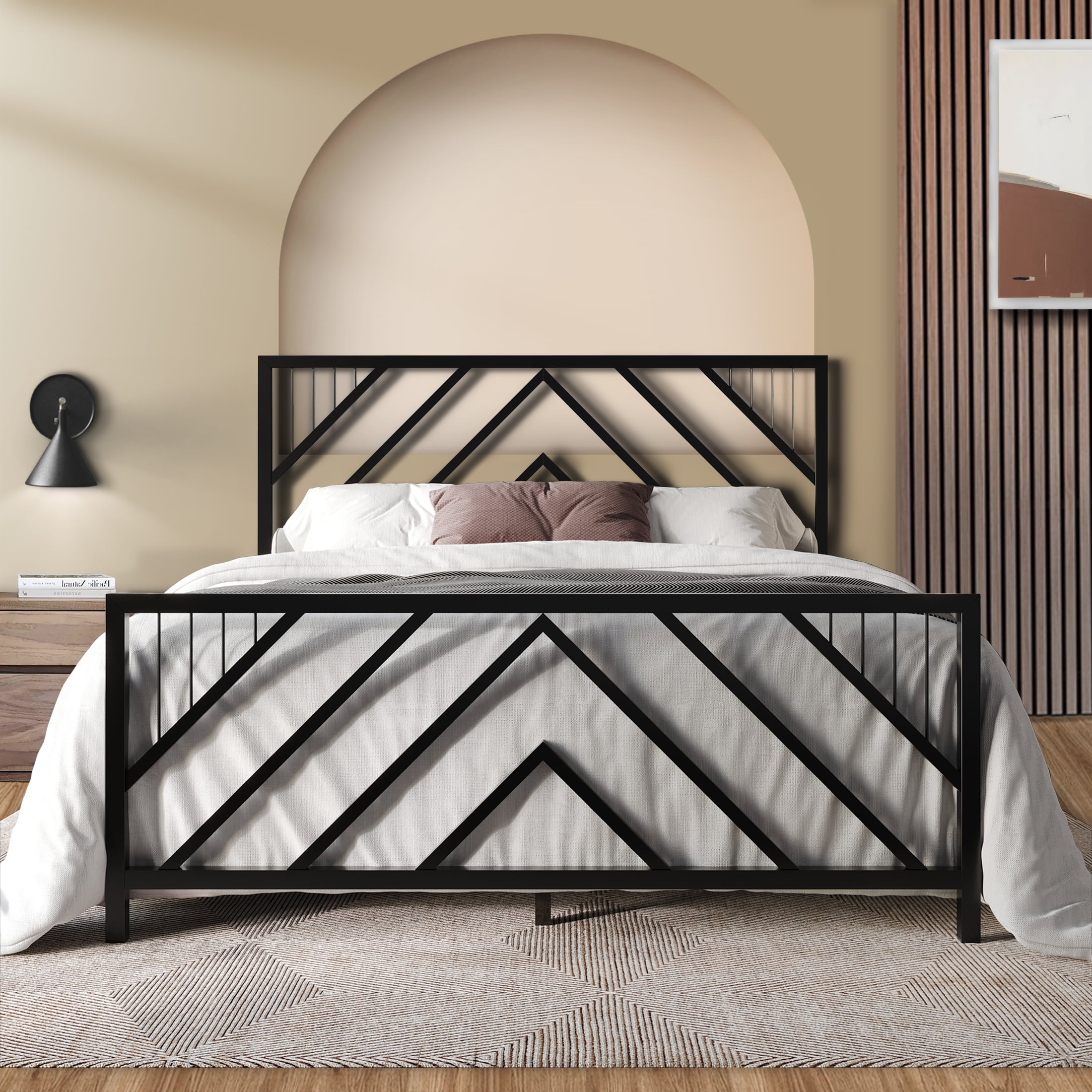 Castle Place Modern Geometric Slat King Size Metal Platform Bed Black