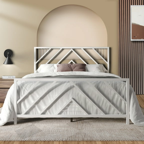 Castle Place Modern Geometric Slat King Size Metal Platform Bed, White