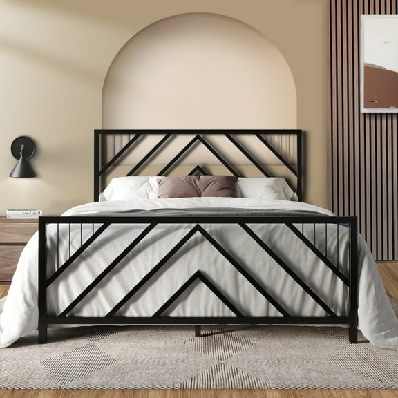 Castle Place Modern Geometric Slat Queen Size Metal Platform Bed, Black