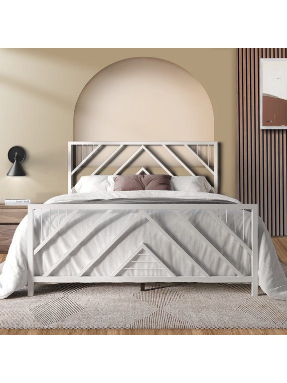 Modern Geometric Slat Queen Size Metal Platform Bed, White