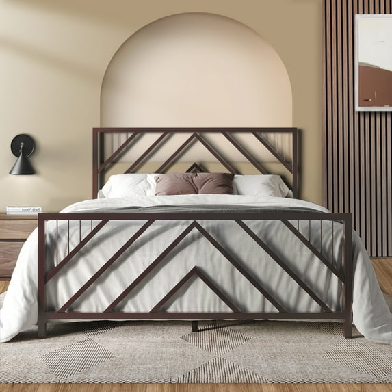 Castle Place Modern Geometric Slat Twin Size Metal Platform Bed, Brown