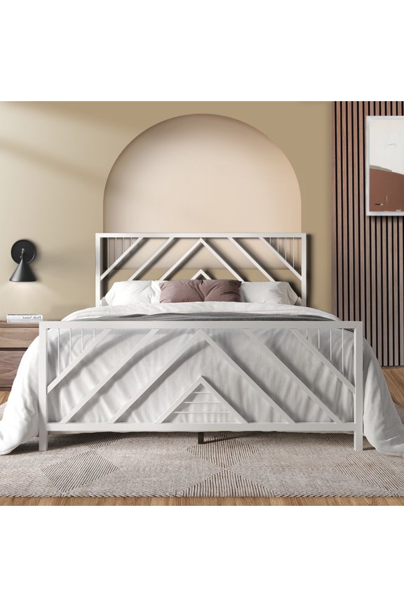 Modern Geometric Slat Twin Size Metal Platform Bed, White