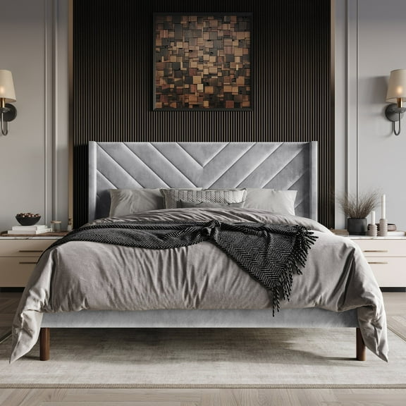Castle Place Modern Glam Velvet Upholstered Wingback Full Bed, Silver Grey