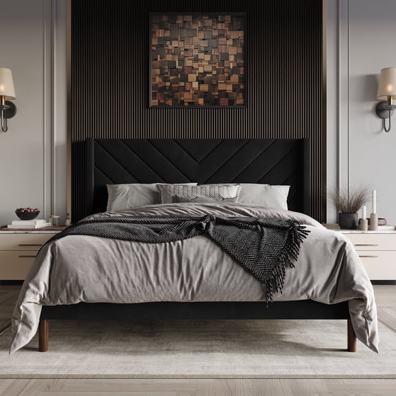 Castle Place Modern Glam Velvet Upholstered Wingback King Bed, Black