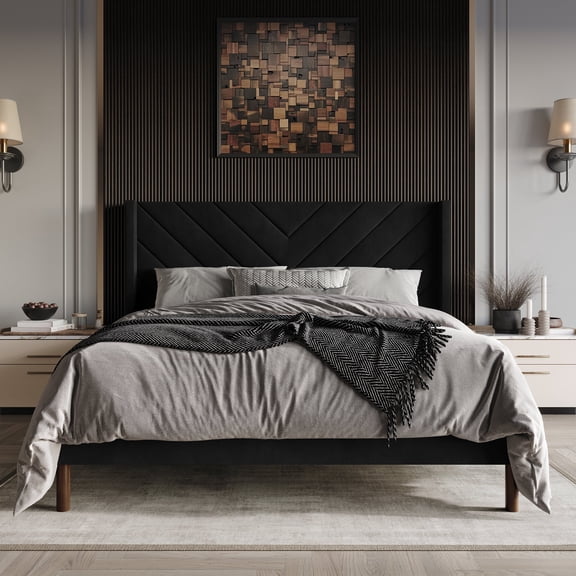 Castle Place Modern Glam Velvet Upholstered Wingback Queen Bed, Black