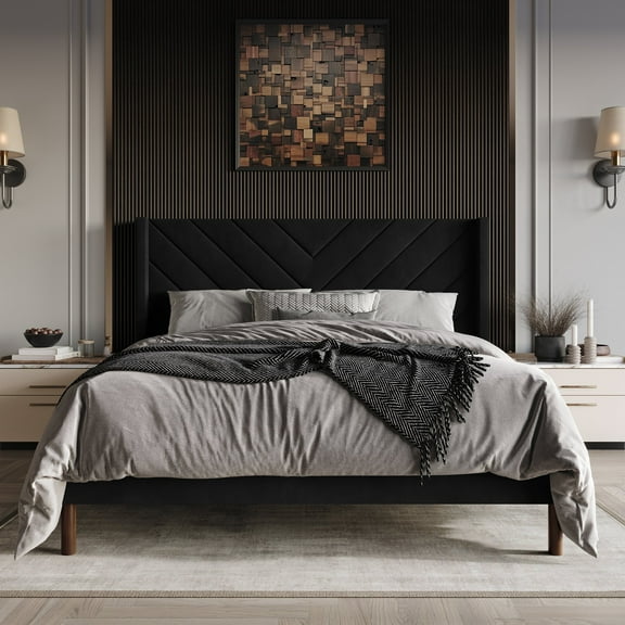 Castle Place Modern Glam Velvet Upholstered Wingback Twin Bed, Black