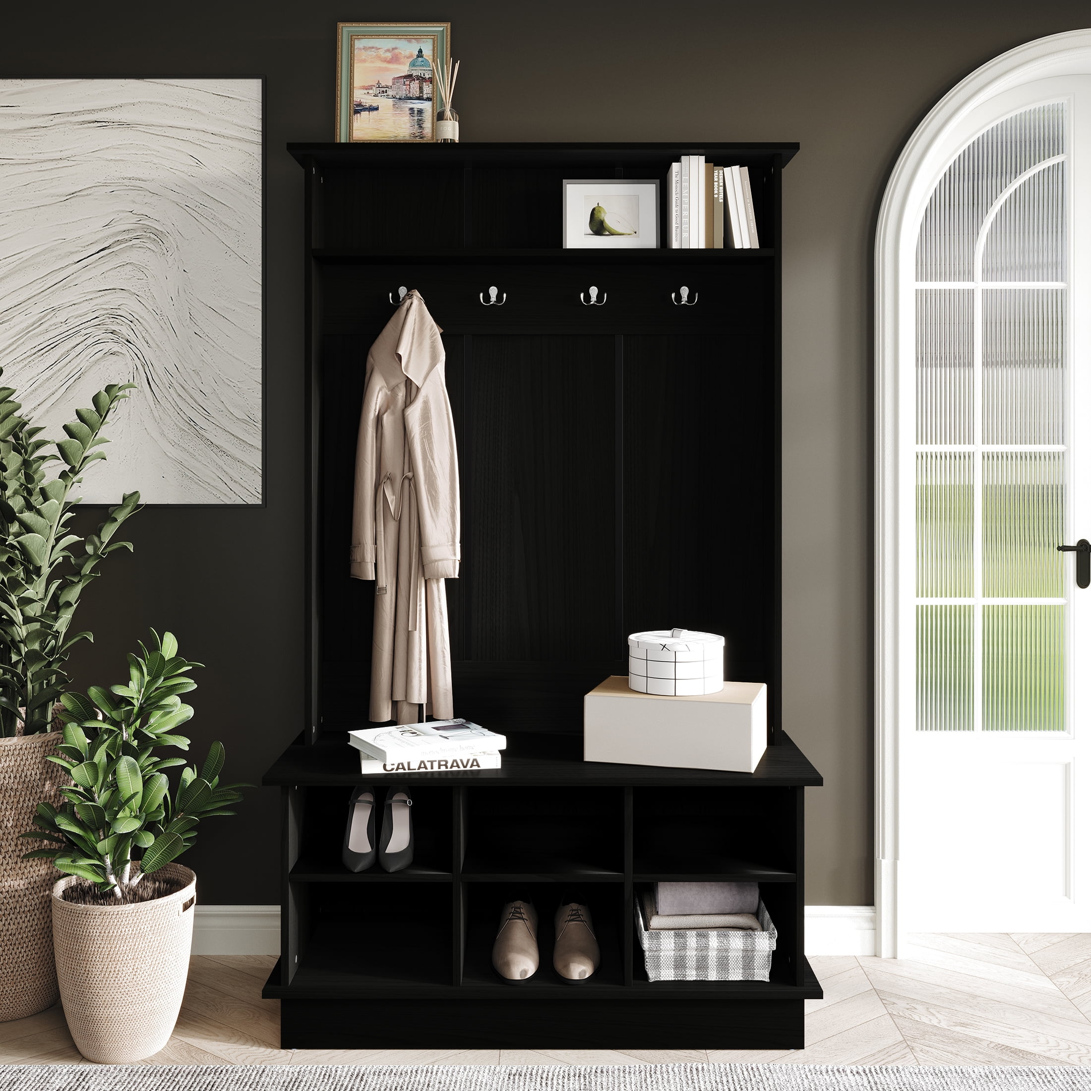 Drifted gray hall tree with shoe storage sale
