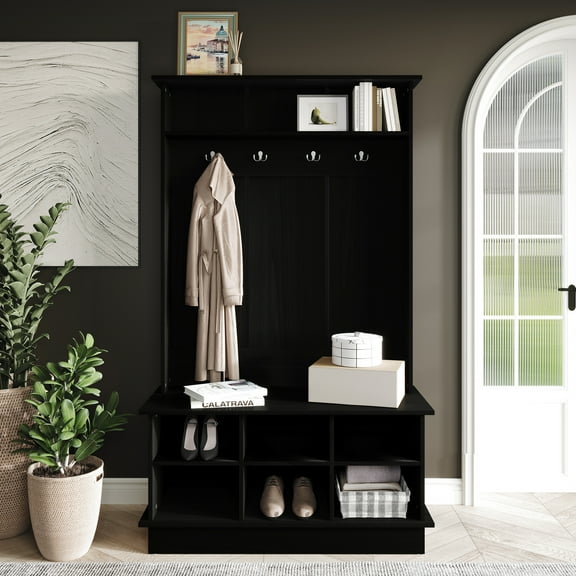 Castle Place Modern Black Storage Hall Tree, Black