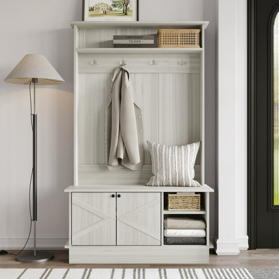 Castle Place Modern Hall Tree with Storage Cabinet, Light Grey