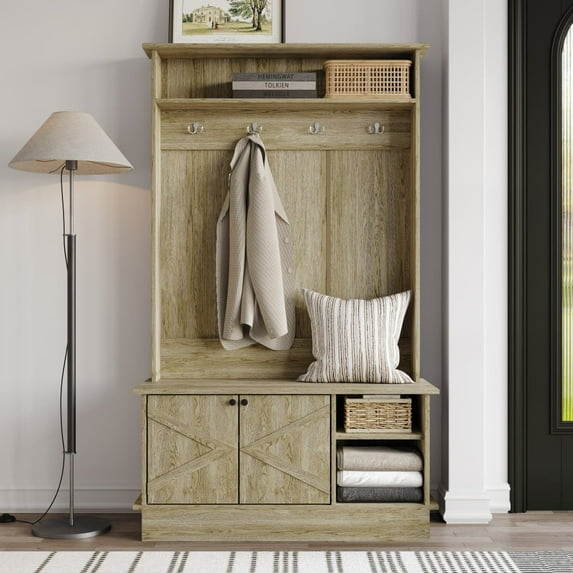 Castle Place Modern Hall Tree with Storage Cabinet, Light Oak
