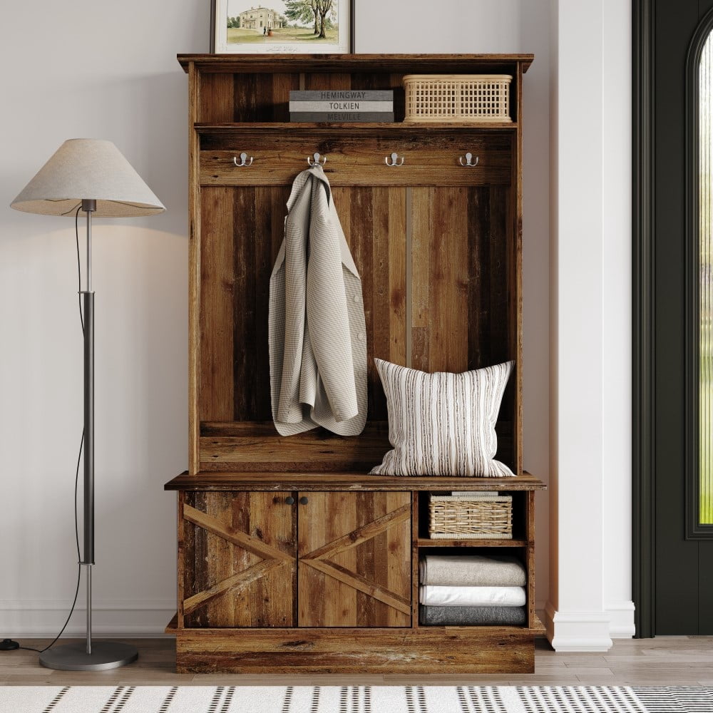 Castle Place Modern Hall Tree with Storage Cabinet, Walnut