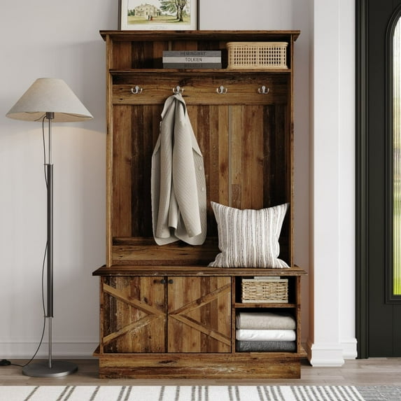 Castle Place Modern Hall Tree with Storage Cabinet, Walnut