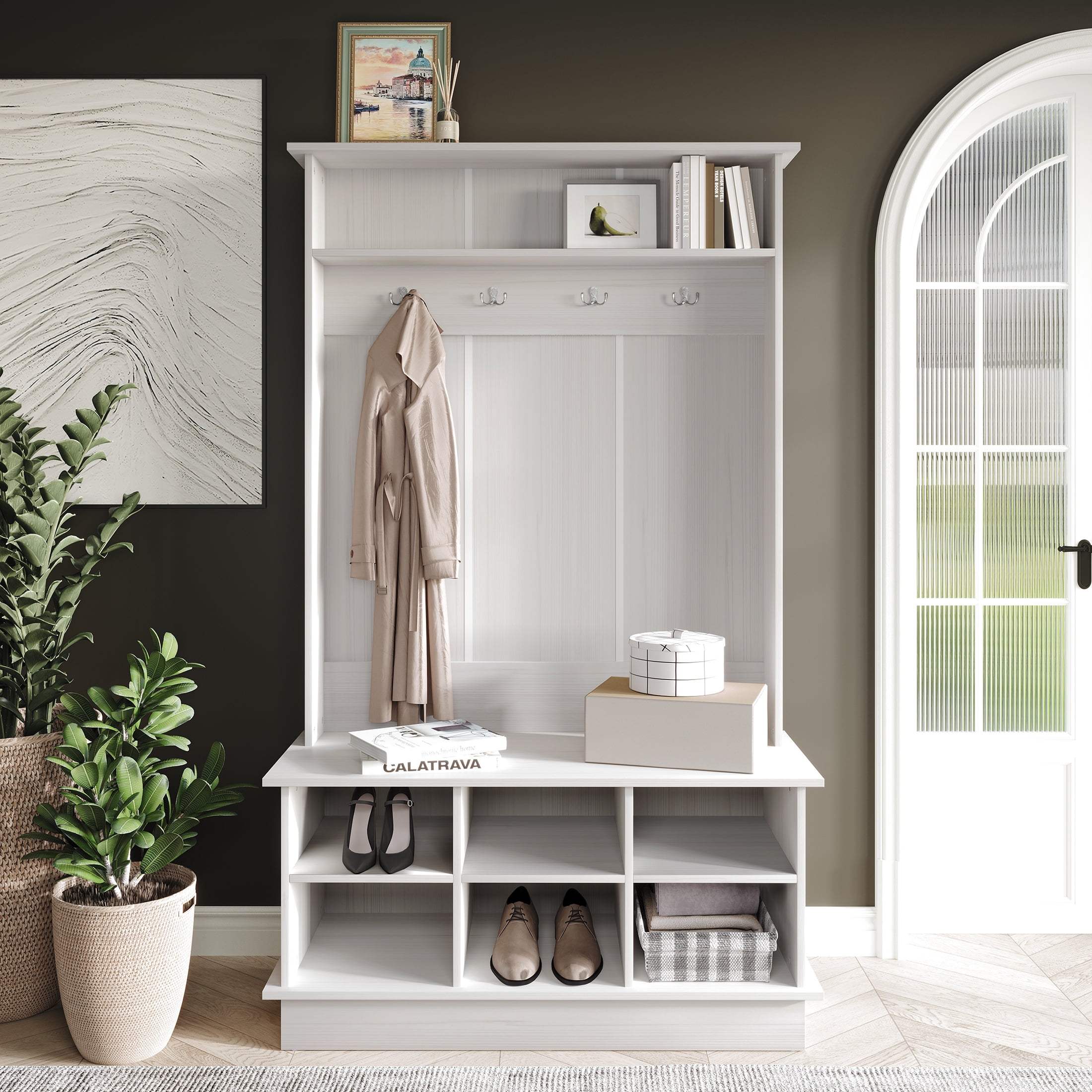 Castle Place Modern Hall Tree with Storage, Light Grey, 77 lb, 39.99 x 15.76 x 67.38 Inches