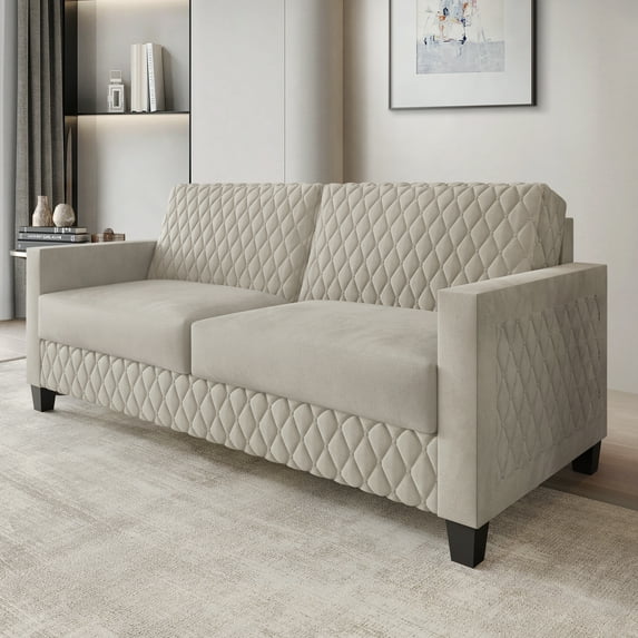 Castle Place Modern Luxe Velevet Diamond Tufted Upholstered Sofa, Beige