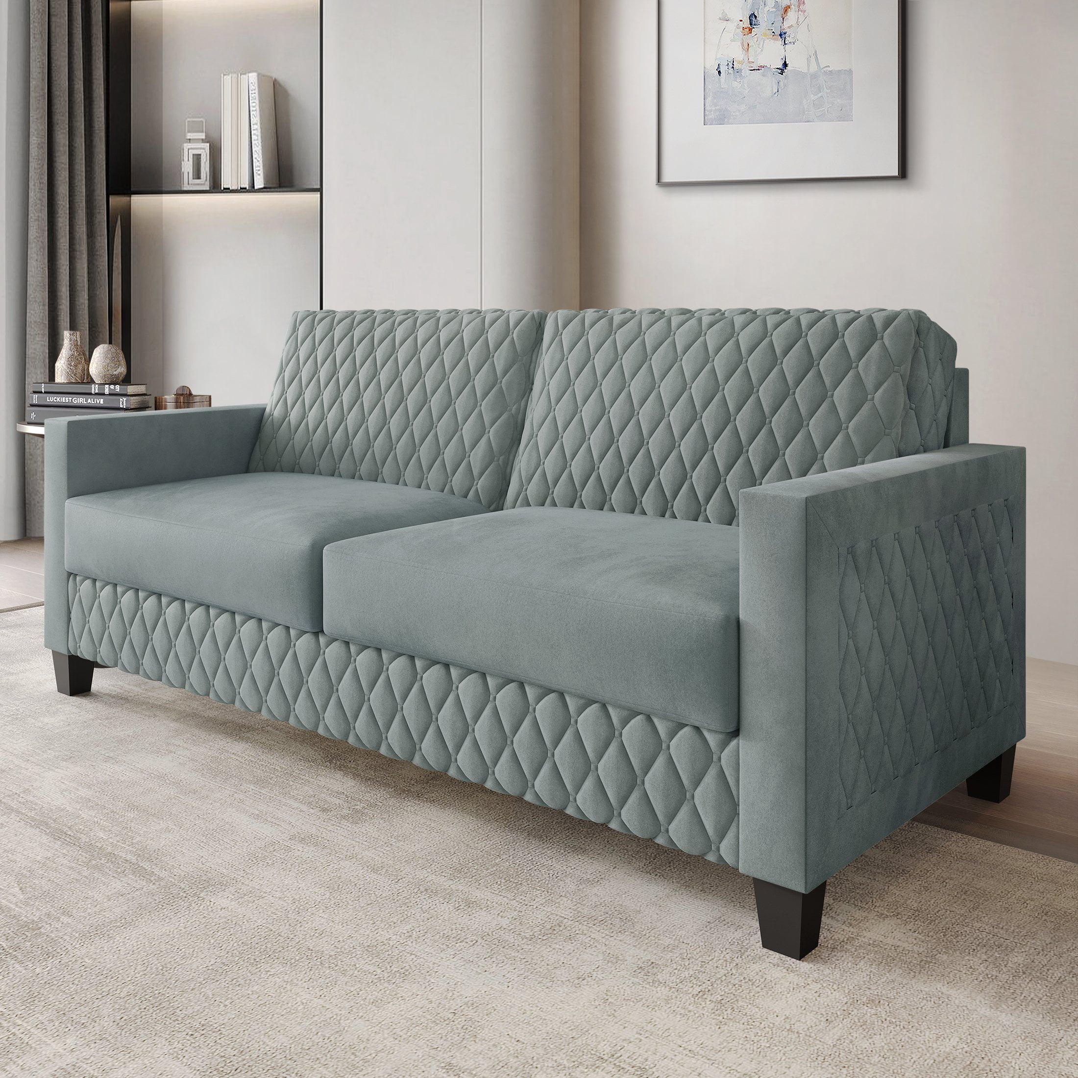 Castle Place Modern Luxe Velevet Diamond Tufted Upholstered Sofa, Light Blue