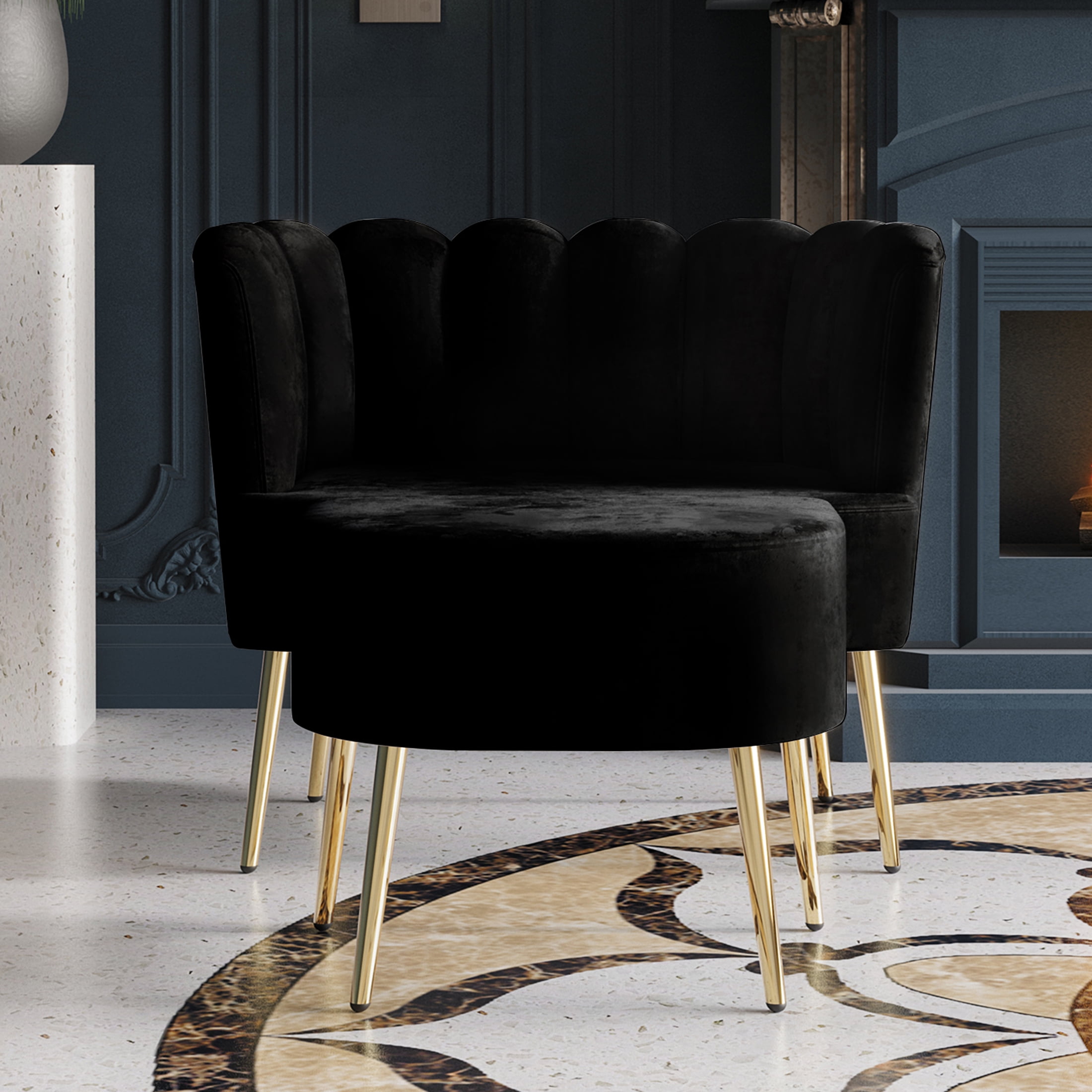 Castle Place Modern Luxury Upholstered Velvet Chair with Stool, Black