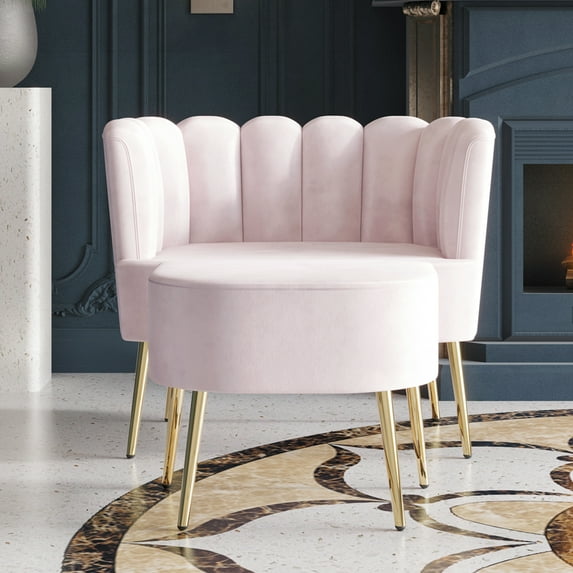Castle Place Modern Luxury Upholstered Velvet Chair with Stool, Light Pink