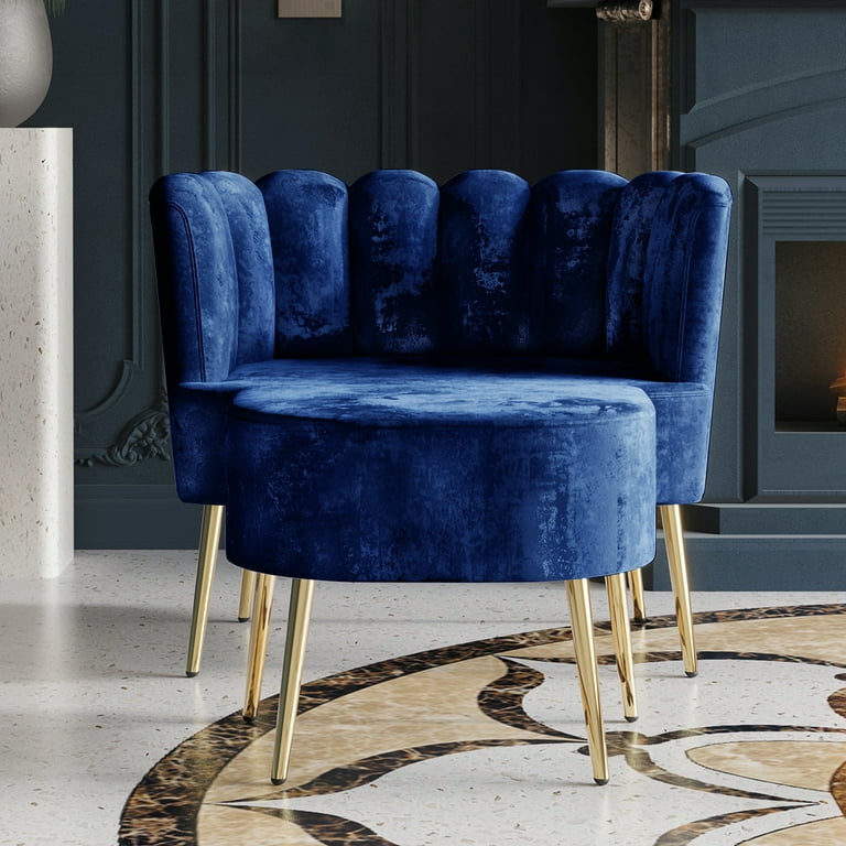 Castle Place Modern Luxury Upholstered Velvet Chair with Stool Navy Blue