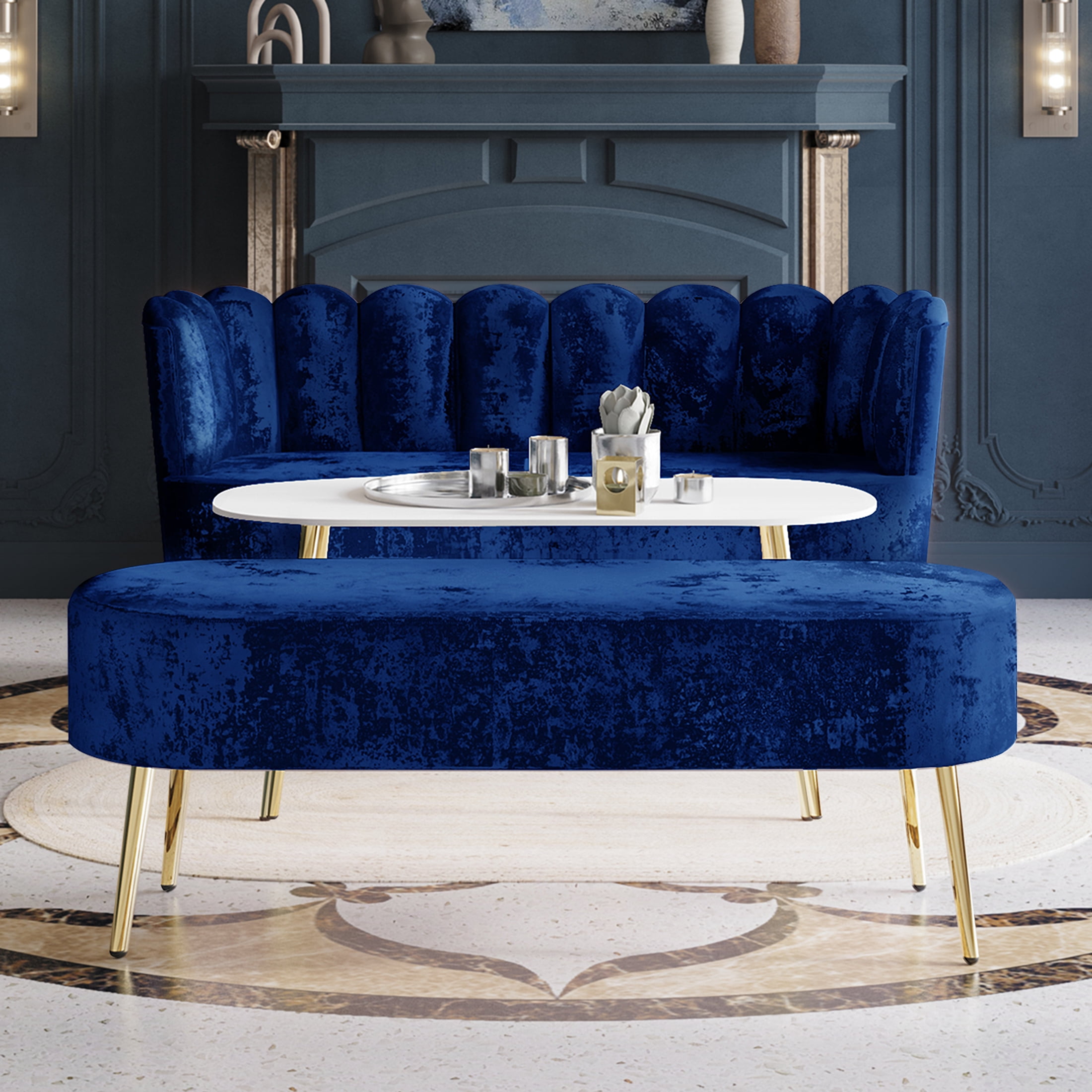 Castle Place Modern Luxury Upholstered Velvet Love Seat with Bench and Coffee Table Navy Blue