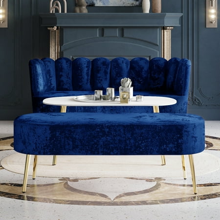 Castle Place Modern Luxury Upholstered Velvet Love Seat with Bench and Coffee Table, Navy Blue
