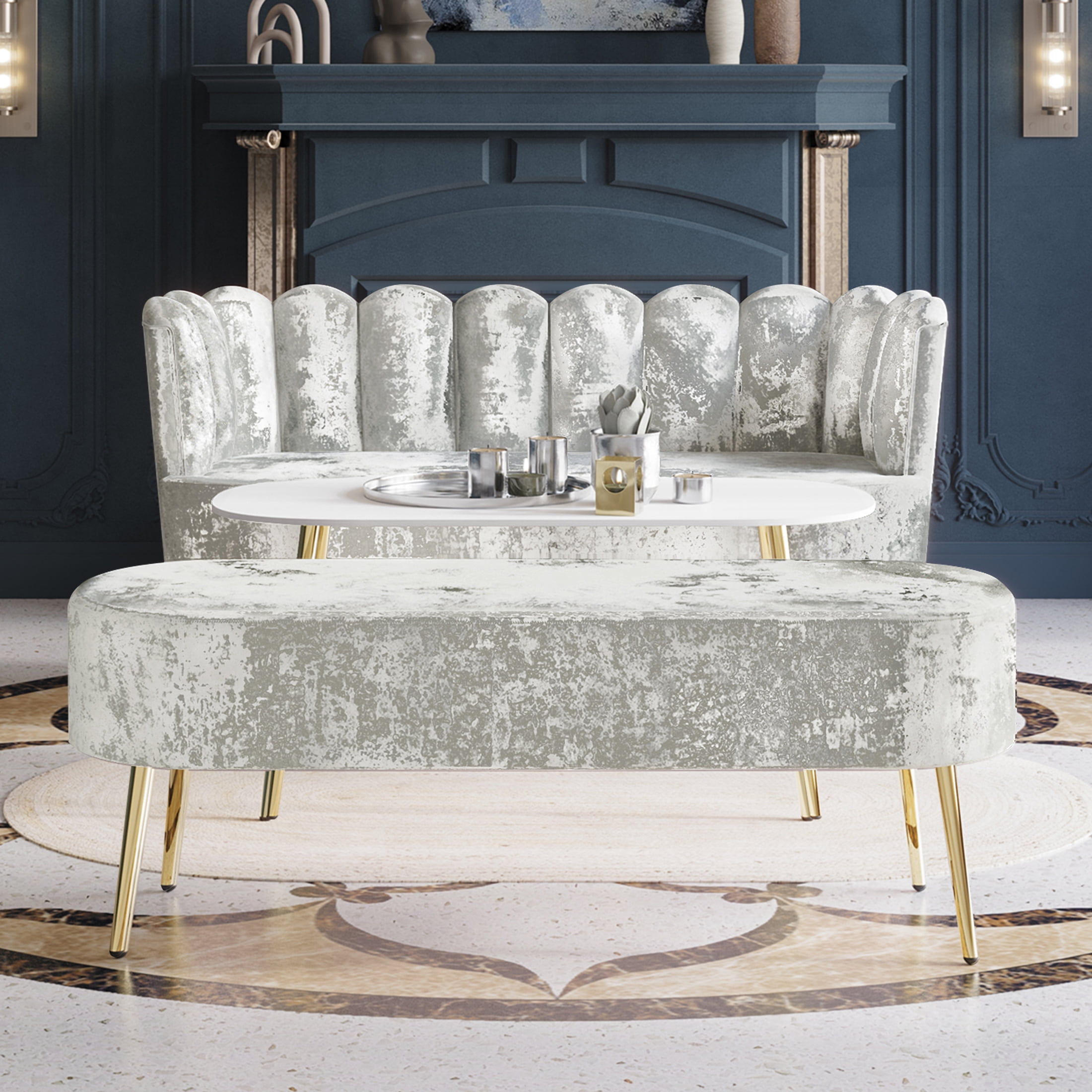 Castle Place Modern Luxury Upholstered Velvet Love Seat with Bench and Coffee Table, Silver Grey