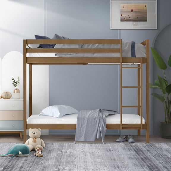 Castle Place Modern Twin over Twin Wooden Bunk Bed, Light Oak