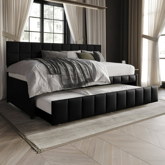 Castle Place Modern Velvet Upholstered Twin Daybed with Trundle, Black