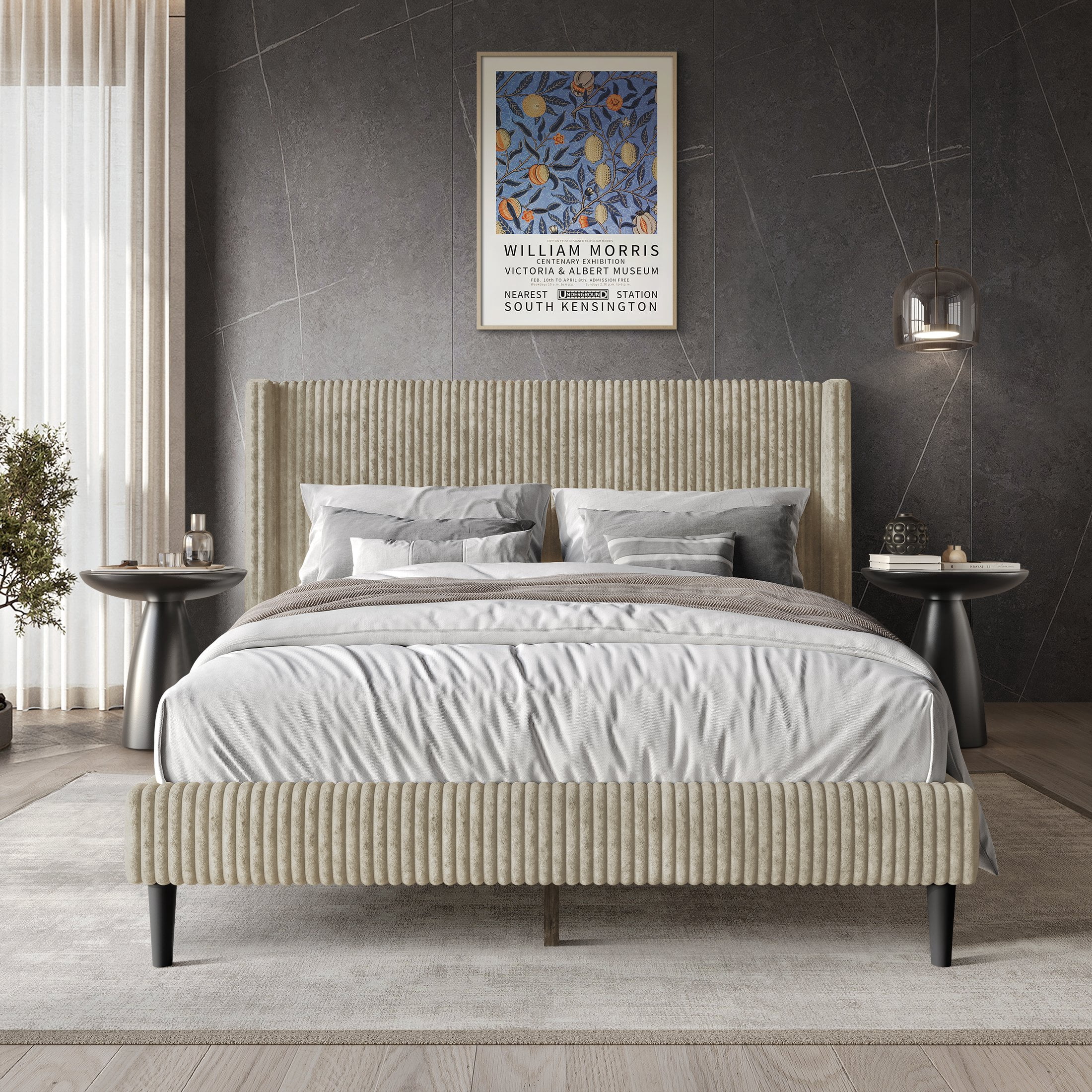 Castle Place Modern Wingback Corduroy Velvet Upholstered Full Platform Bed, Beige