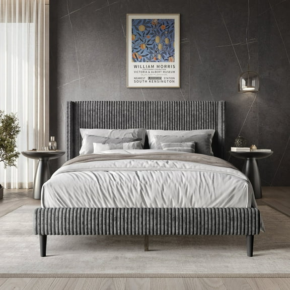 Castle Place Modern Wingback Corduroy Velvet Upholstered King Platform Bed, Grey