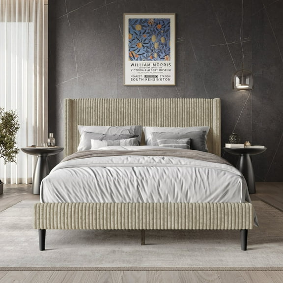 Castle Place Modern Wingback Corduroy Velvet Upholstered Queen Platform Bed, Beige