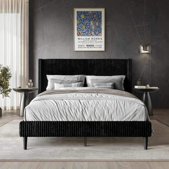 Castle Place Modern Wingback Corduroy Velvet Upholstered Queen Platform Bed, Black