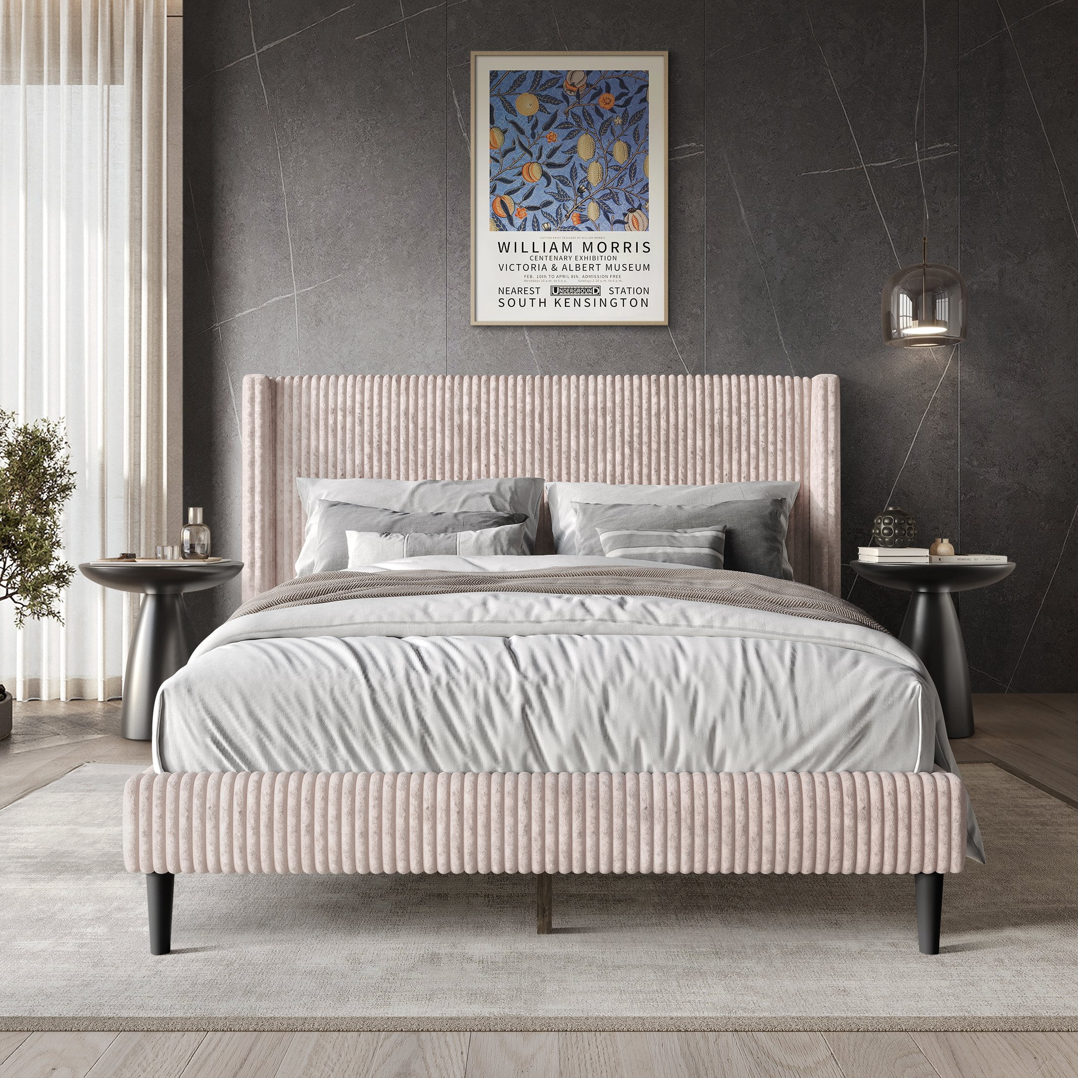 Castle Place Modern Wingback Corduroy Velvet Upholstered Twin Platform Bed, Light Pink