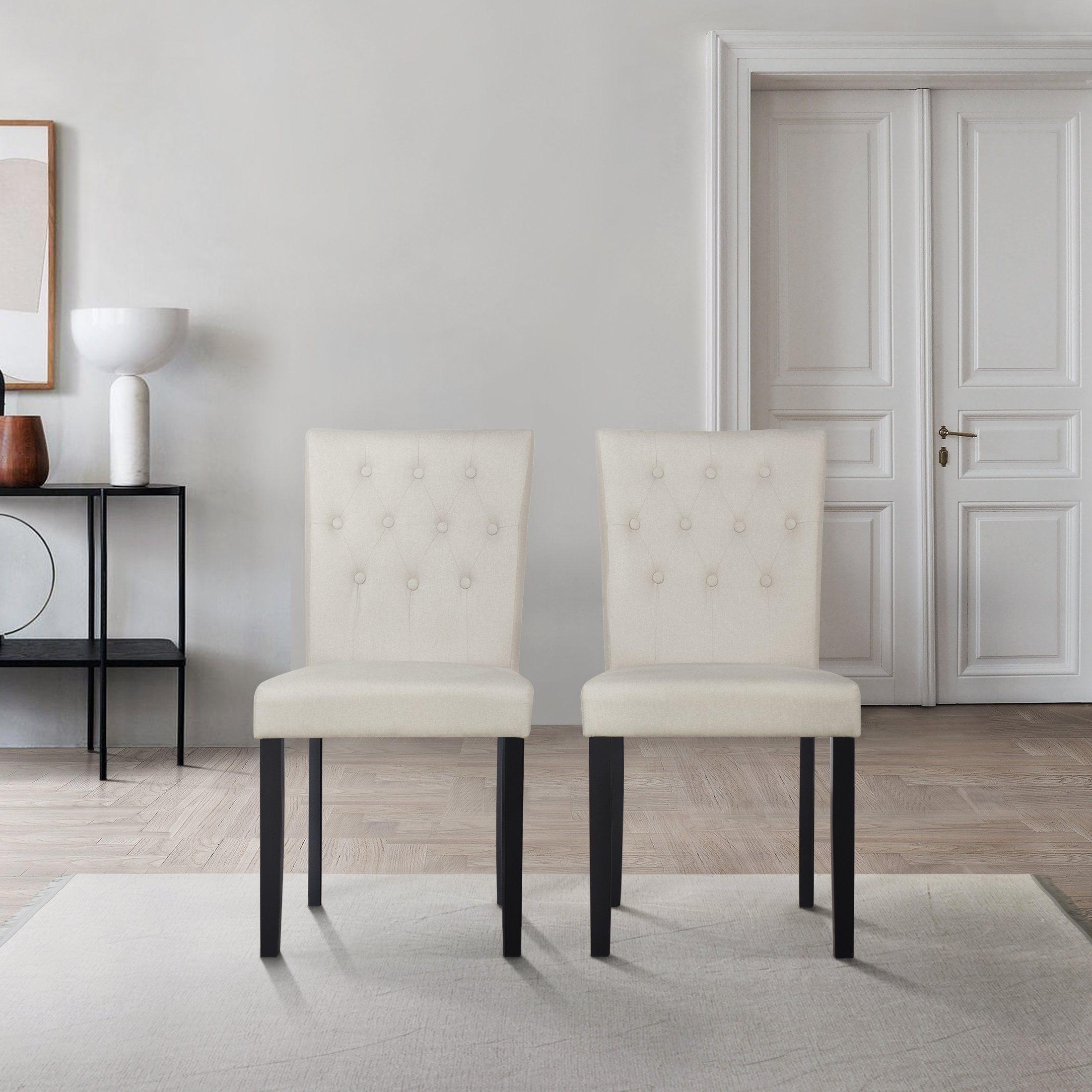 Castle Place Modern Wooden Upholstered Linen Dining Chairs, Beige, Set of 2