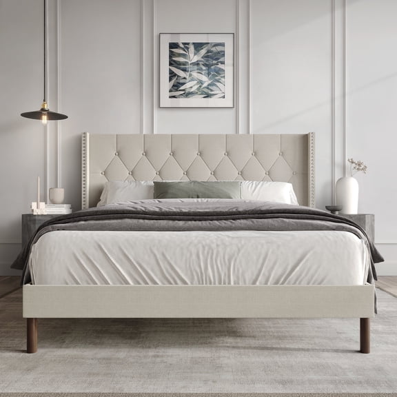 Castle Place Nailhead Trim Tufted Linen Upholstered Wingback Full Bed, Warm Grey