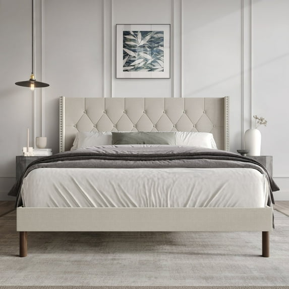 Castle Place Nailhead Trim Tufted Linen Upholstered Wingback Queen Bed, Warm Grey