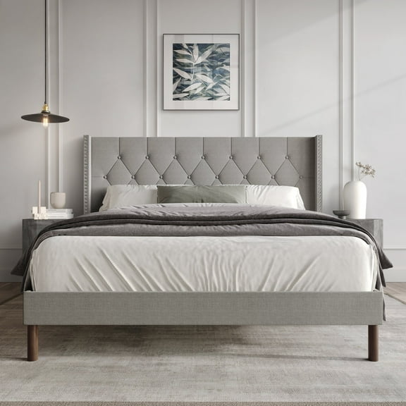 Castle Place Nailhead Trim Tufted Linen Upholstered Wingback Twin Bed, Light Grey