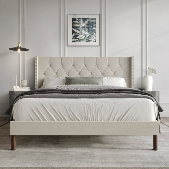 Castle Place Nailhead Trim Tufted Linen Upholstered Wingback Twin Bed, Warm Grey