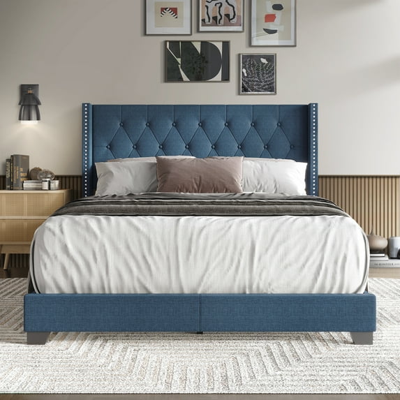 Castle Place Nailhead Trim Wingback Linen Upholstered Bed, Blue, King